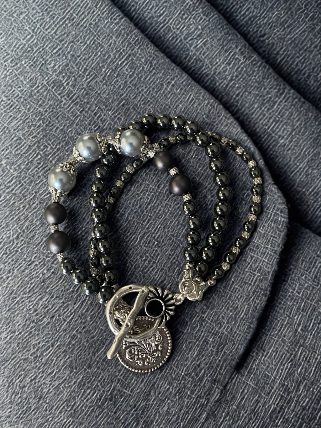 Guardian Angel Three-Strand Gemstone Bracelet - Black & Silver