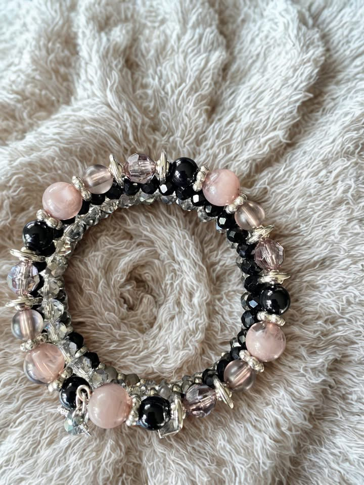 5 layer bracelet with black, crystal gray , soft pink, and a touch of silver