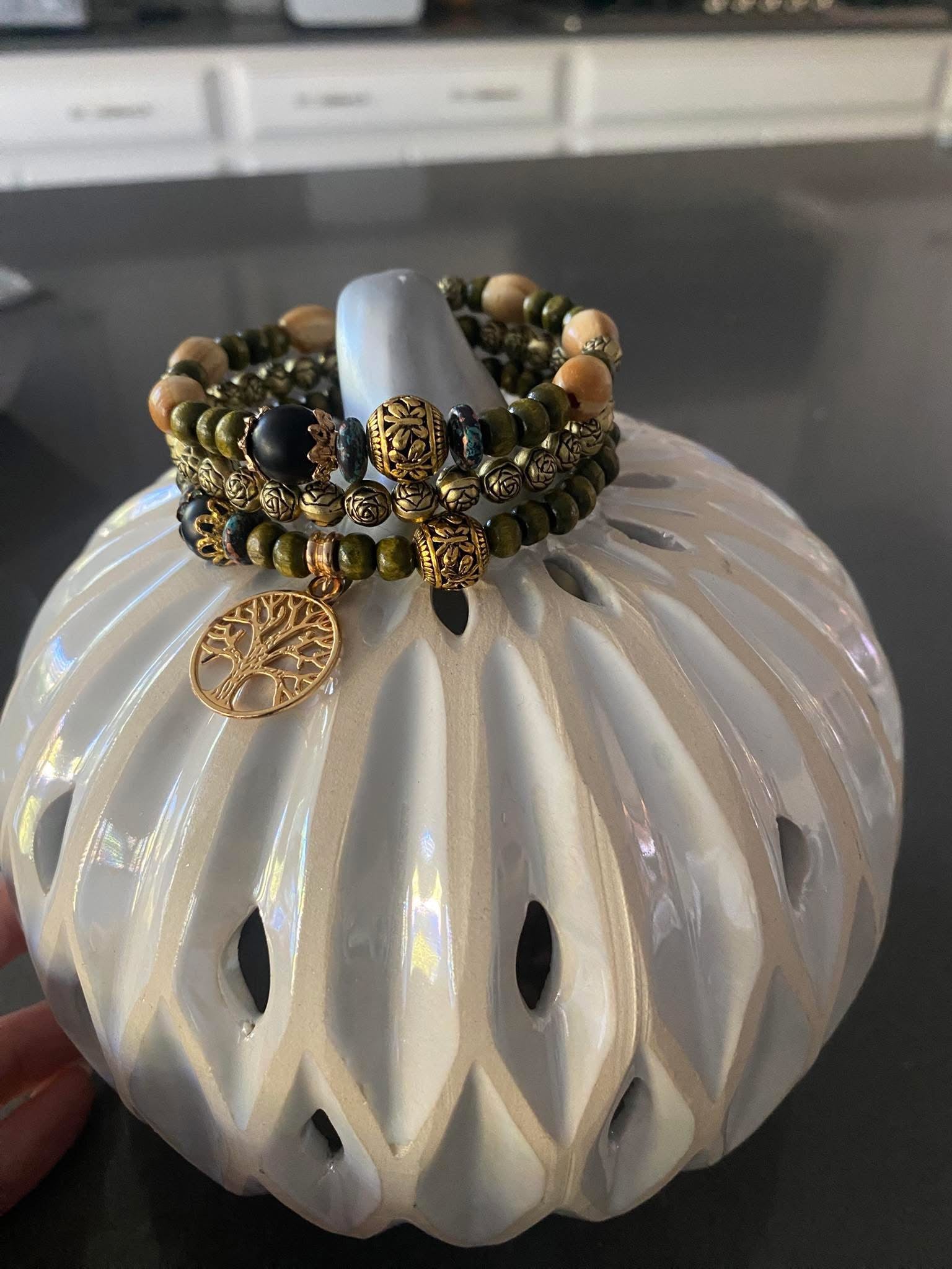 3 layers of moss green wood beads