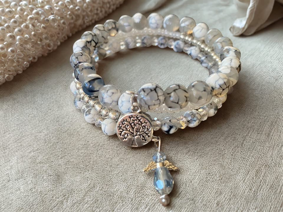 3 coil bracelet with cloudy white beads