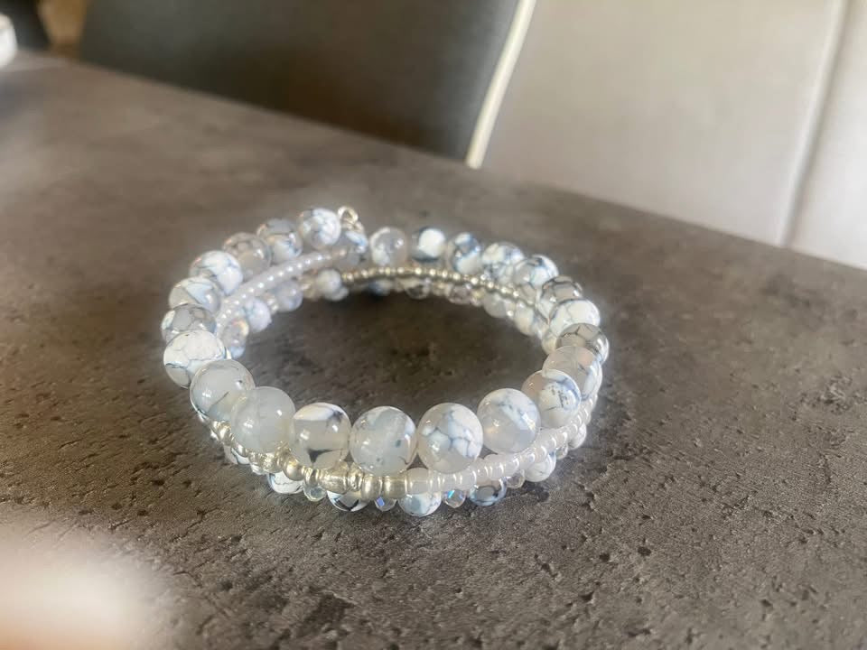 3 coil bracelet with cloudy white beads