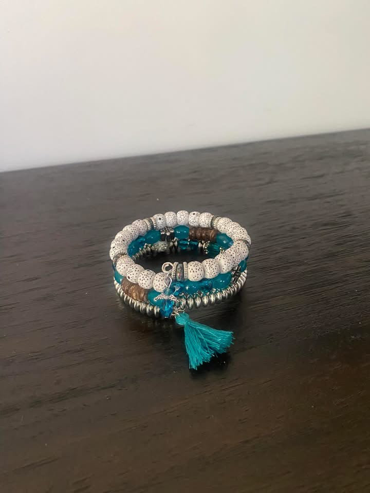 3 layered memory wire cuff white, dark turqoise, and silver