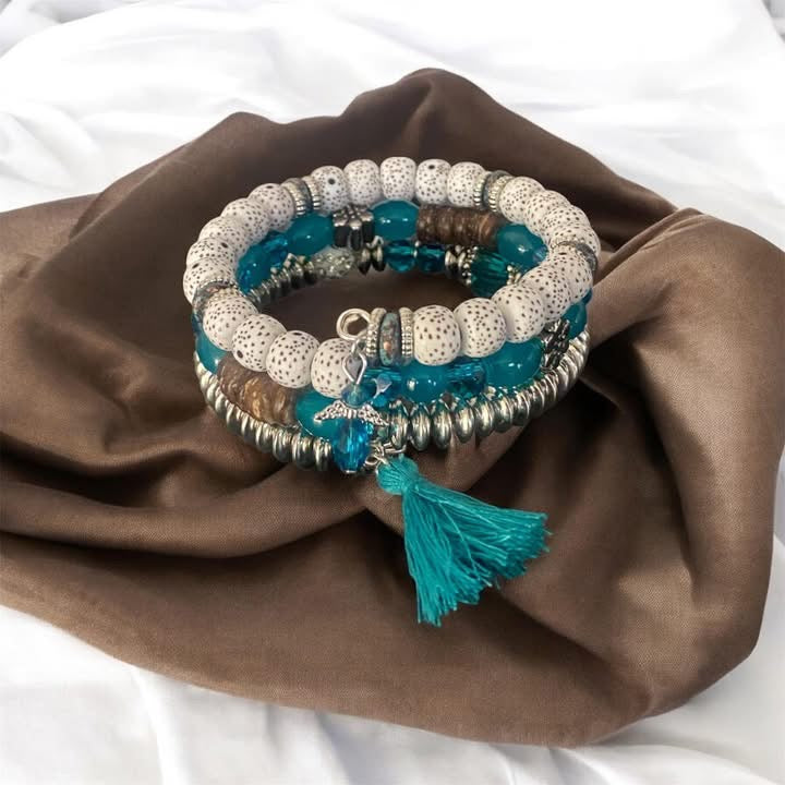 3 layered memory wire cuff white, dark turqoise, and silver