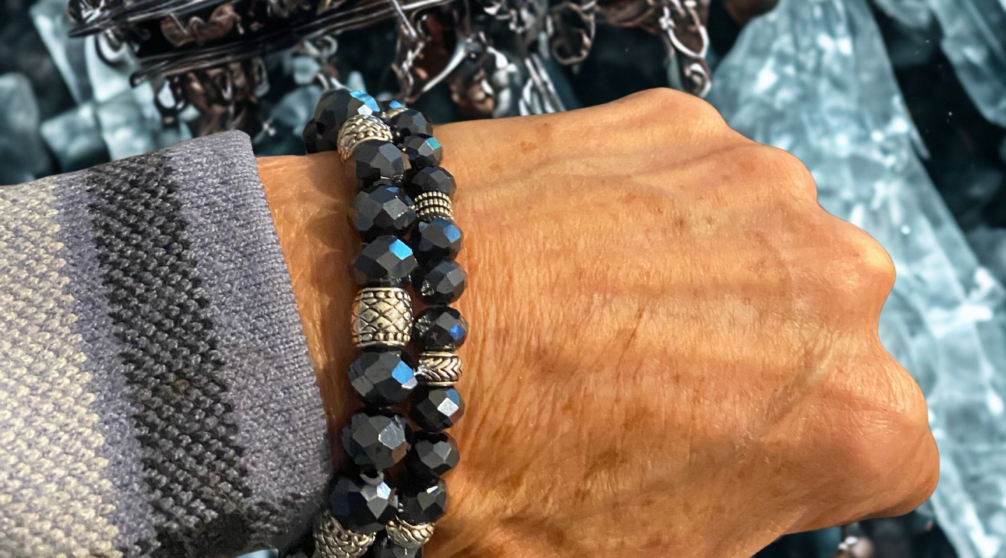 Blue Sapphire crystal beads bracelet set with silver accents